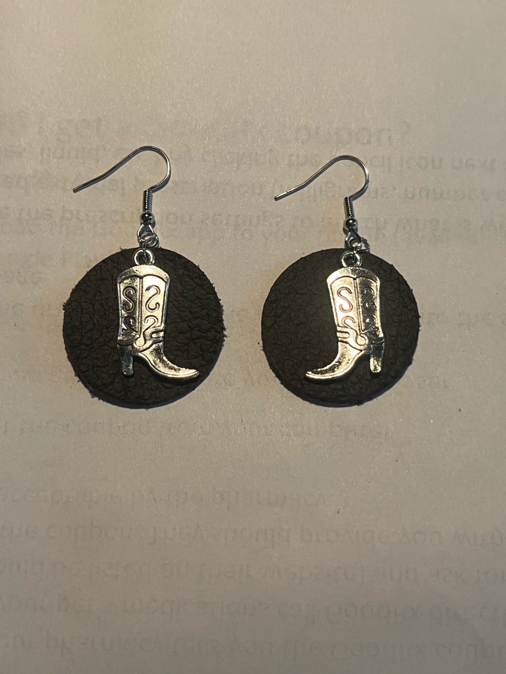 Silver Western Boot Earrings on Black Discs